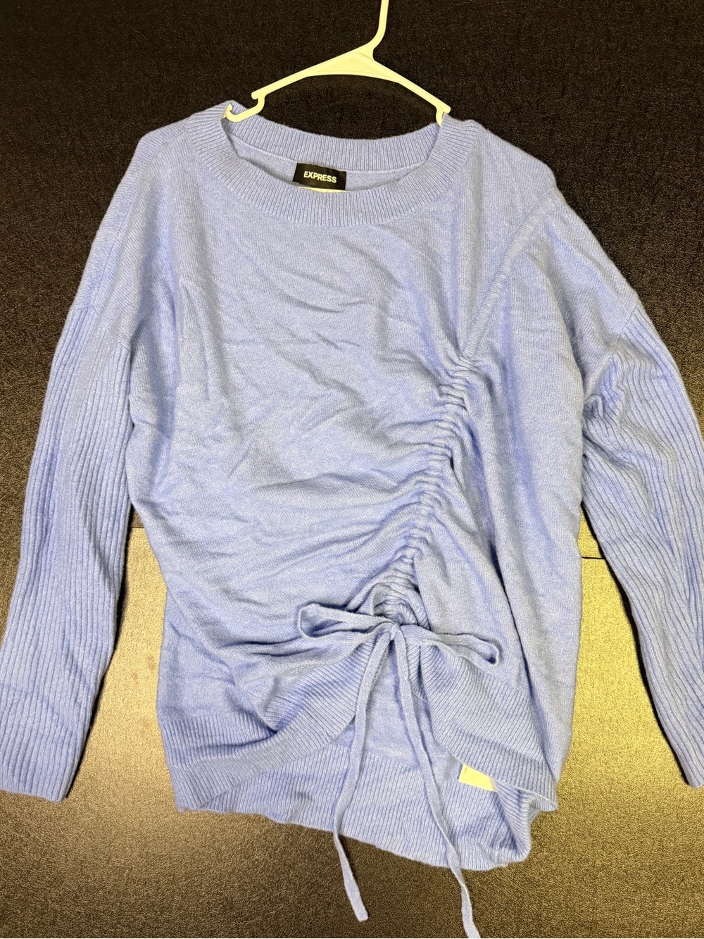 NWOT Express Light Blue Ruched Tie-Front Sweater Sz L 77% Nylon